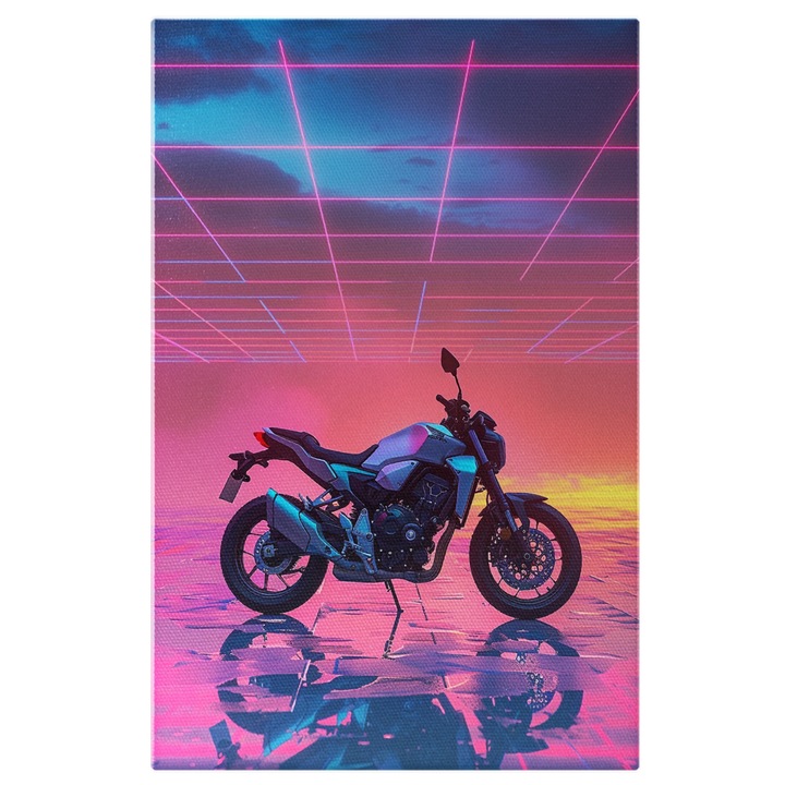 Tablou Canvas Motocicleta Gri Parcata in Camera cu Lumini Roz, Posesorii de Motociclete care Adora Motoarele, Pictura Digitala 40x25CM