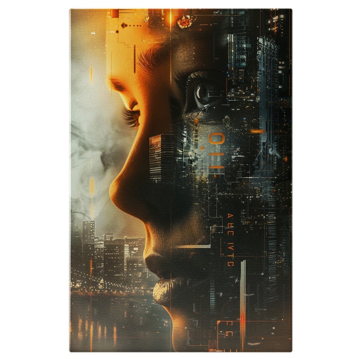 Tablou Canvas Femeie cu Ochii Albastrii si Gene Lungi Ingandurata la Orasul cu Cladirile Inalte, Iubitoare de Tehnologie, Pictura Digitala 40x25CM