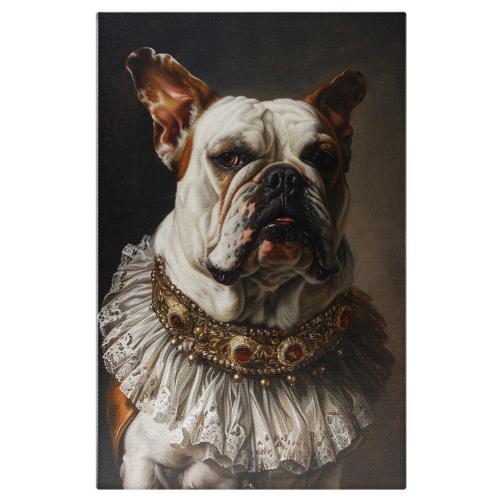 Vászonfestés Angry Dog barna szemekkel és arany nyakörvvel piros golyókkal fehér királykabátban, digitális festmény 40x25cm