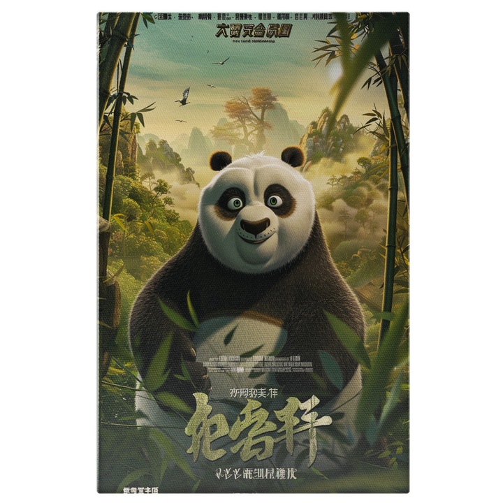 Tablou Canvas Filmul Kung Fu Panda, Ursul Panda cu Ochii Stralucitori Bucuros in Natura si Urechile Mici, Pictura Digitala 40x25CM