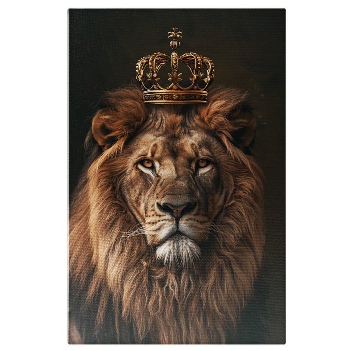 Tablou Canvas Regele Leu Incoronat cu Privire Serioasa si Ochii Luciosi cu o Coroana Mica pe Cap si Coama Bogata, Pictura Digitala 40x25CM