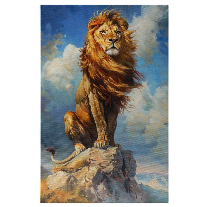 Tablou Canvas Cnavas Leul Regele Junglei cu Privirea Ganditoare si Ochii Galbeni sta Urcat pe o Stanca Mica, Pictura Digitala 60x40CM