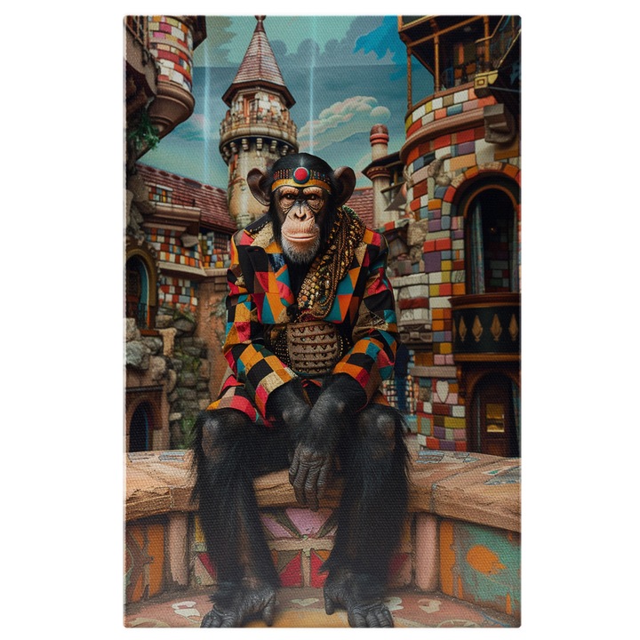 Tablou Canvas Maimuta Indiana langa Cladiri cu Diverse Culori Imbracat in Sacou Colorat cu Privirea Fericita, Pictura Digitala 40x25CM
