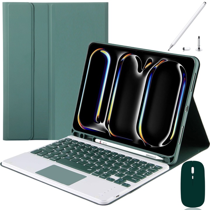 Калъф за клавиатура с тъчпад за iPad Pro 11" 2024, безжичен, Bluetooth, 7 цвята подсветка, с писалка, мишка, силиконова мембрана на клавиатурата, тъмно зелен