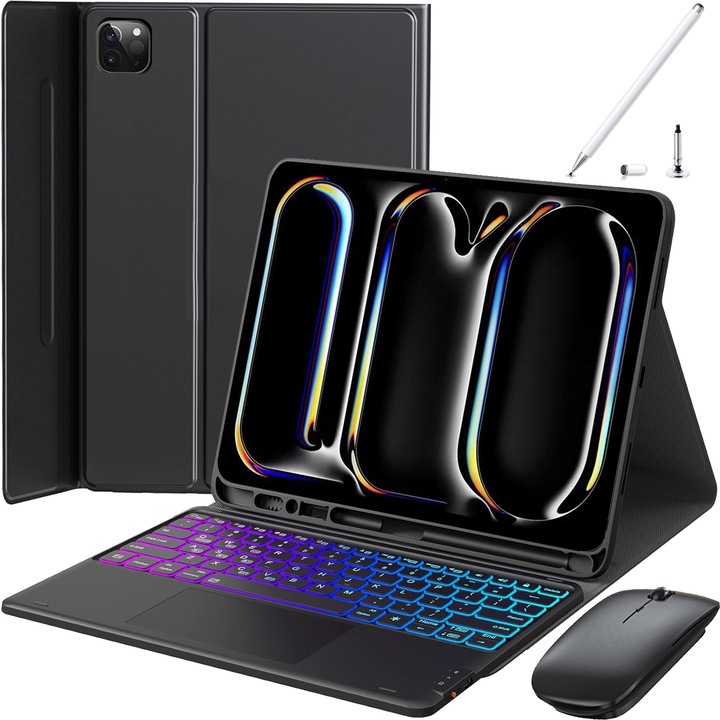 Husa Cu Tastatura Touchpad Pentru iPad Pro 11" 2024, Fara fir, Bluetooth, Iluminare De Fundal in 7 Culori, Cu Stilou, Mouse, Membrana Din Silicon Pentru Tastatura, Negru