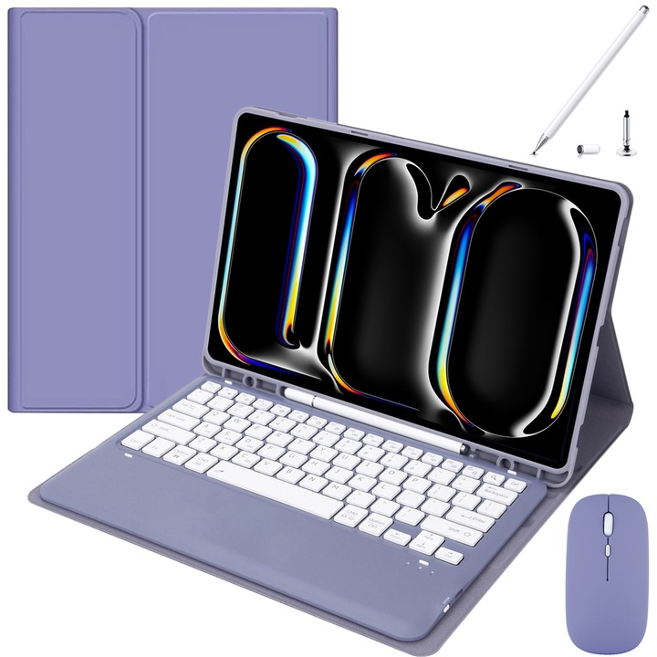 Husa Cu Tastatura Touchpad Pentru iPad Pro 13" 2024, Fara fir, Bluetooth, Iluminare De Fundal in 7 Culori, Cu Stilou, Mouse, Membrana Din Silicon Pentru Tastatura, Violet