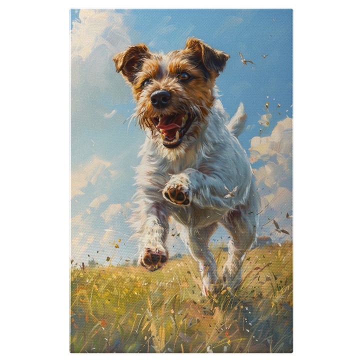 Tablou Canvas un Caine care Zburda Fericit si Liber prin Campul cu multa Verdeata si Soare cu Pasari pe Cer, Pictura Digitala 40x25CM