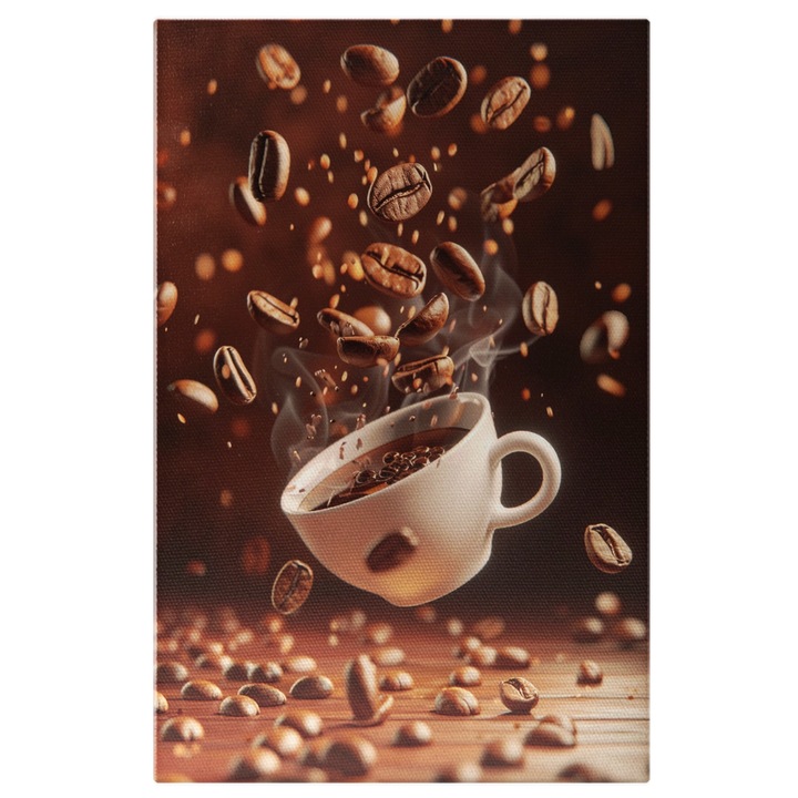 Tablou Canvas Ceasca Alba de Cafea cu Boabe Imprejurul ei, Imagine Perfecta pentru Iubitorii de Cafea, Pictura Digitala 60x40CM