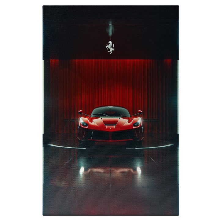 Tablou Canvas Ferrari de Culoare Rosie Model LaFerrari cu Farurile Aprinse intr-o Camera Intunecata, Pictura Digitala 60x40CM