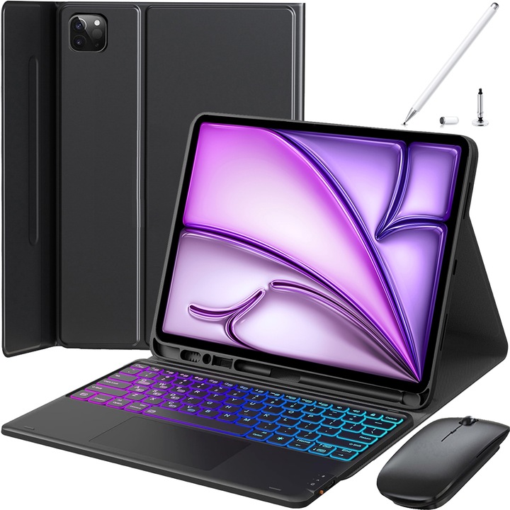 Érintőpad billentyűzet borító iPad Air 11 hüvelykes (M2, 2024), vezeték nélküli, Bluetooth, 7 színű háttérvilágítás, tollal, egérrel, szilikon billentyűzet membrán, fekete