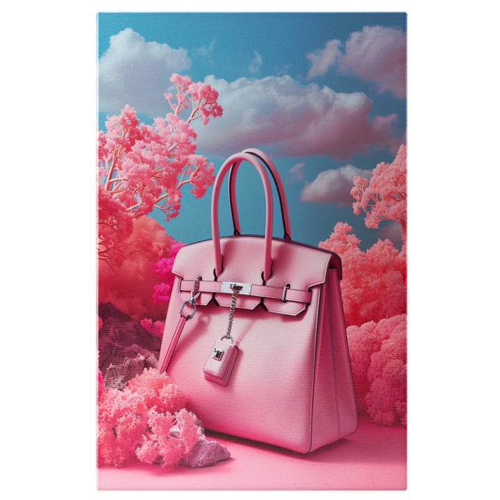 Tablou Canvas Frumoasa Posete pentru Dame Elegante de Culoare Roz intr-un Peisaj Roz cu Nori Albi pe Cer, Pictura Digitala 100x70CM