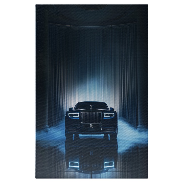 Tablou Canvas Rolls Royce Phan-tom de Culoare Neagra Masina de Lux intr-o Camera Intunecata cu Fum, Pictura Digitala 100x70CM