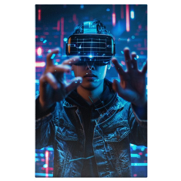 Tablou Canvas Tanar cu Ochelari Virtuali in Geaca de Blugi cu Hanorac Negru in Camera Tehnologiei, Pictura Digitala 40x25CM