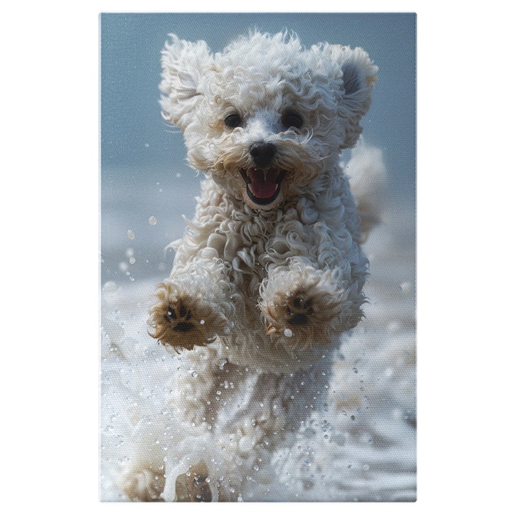 Tablou Canvas Dragutul Caine Bucuros cu Blana Alba Pufoasa si Ochii Negri este Fericit de Zapada Alba, Pictura Digitala 40x25CM