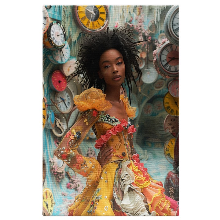 Tablou Canvas Mulatra cu Parul Cret Brunet intr-o Camera Plina de Ceasuri in Rochie cu Volane Galbena, Pictura Digitala 70x50CM