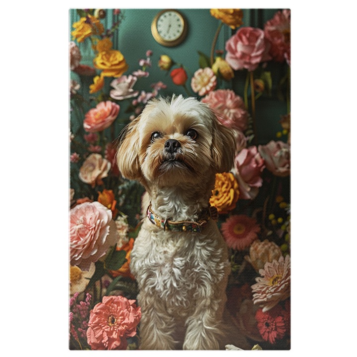 Tablou Canvas Bichon Havanez cu Blana Alba Frumos Ingrijit cu Zgarda in Decor de Flori Colorate si Proaspete, Pictura Digitala 40x25CM