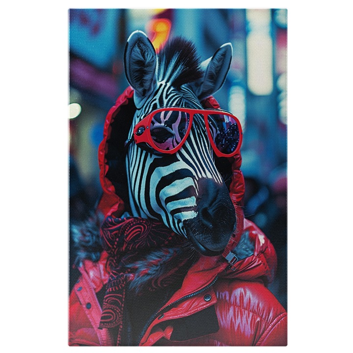 Tablou Canvas Zebra cu Ochelari si Esarfa intr-o Geaca Groasa de Iarna Rosie se Plimba in Oras, Pictura Digitala 70x50CM