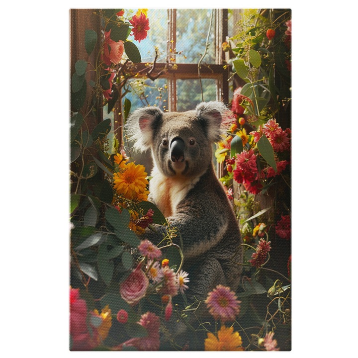 Tablou Canvas Ursul Koala care Priveste Afara de langa Fereastra cu Flori Imprejur si Ochii Mici Caprui, Pictura Digitala 40x25CM