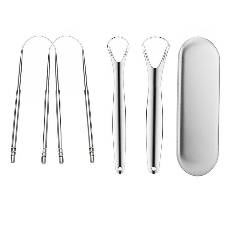 JESWO nyelvkaparó készlet, rozsdamentes acél, ezüst, tároló dobozzal