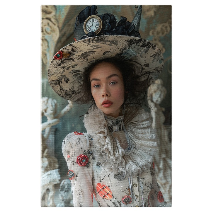 Tablou Canvas Domnita cu Palarie cu Parul Saten in Rochie Alba cu Model care sta intr-o Camera Regala, Pictura Digitala 70x50CM