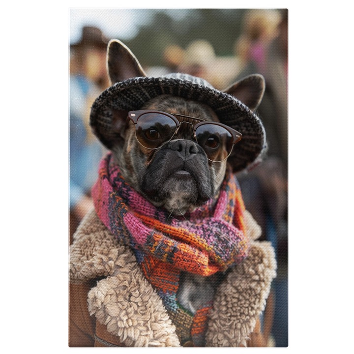 Boss Dog vászonfestmény napszemüveggel és sapkával színes sállal szőrmegallérral, francia bulldog, digitális festmény 60x40cm