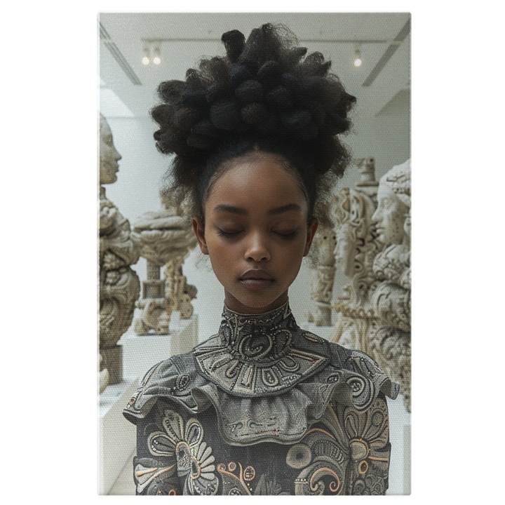 Tablou Canvas Copila Tanara cu Pielea Neagra si Parul Cret intr-o Camera cu Statui Imbracata in Rochie, Pictura Digitala 70x50CM