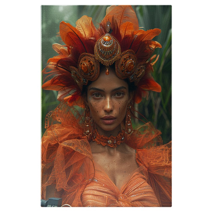 Tablou Canvas Carnalul Colorat, Dama Imbracata in Rochie cu Cercei si Colier cu Palarie Portocalie si Par Saten, Pictura Digitala 40x25CM