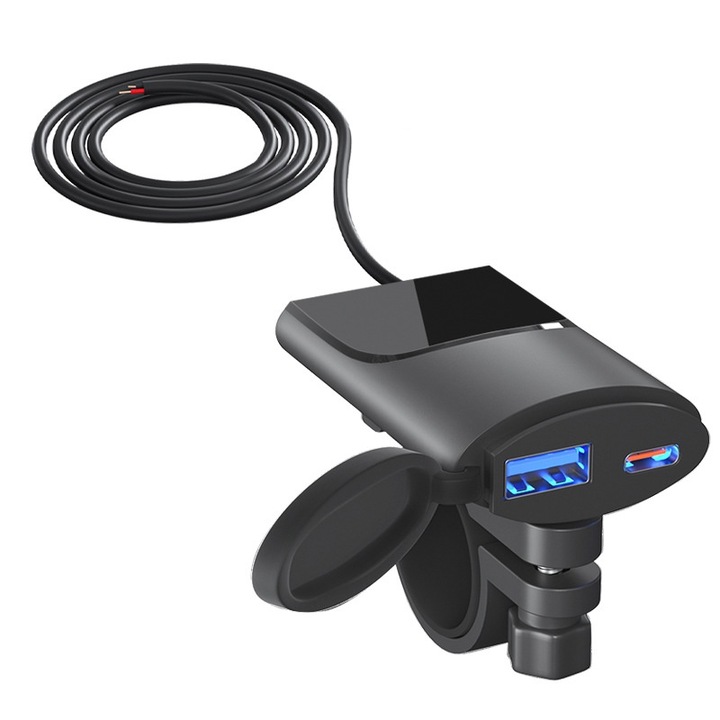 Telefontöltő motorkerékpárhoz/elektromos kerékpárhoz, 30 W USB-C / 18 W USB - két portos, vízálló, DC12 -24 V, automatikus KI / NO, Kormány vagy tükör rögzítés, Kábel hossza 1,34 M, ABS, LEIISVK, Fekete