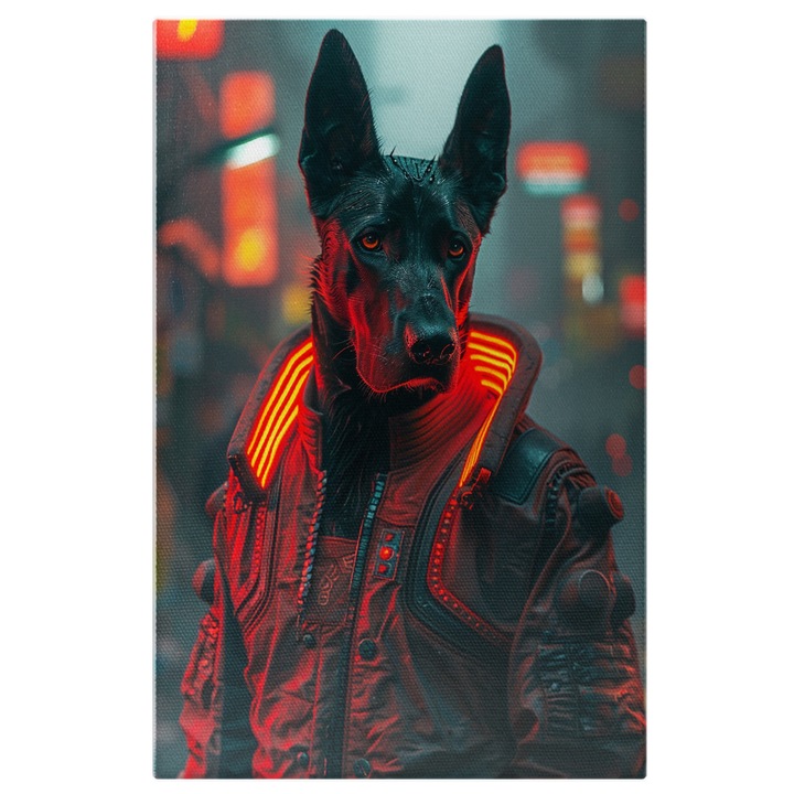 Tablou Canvas The Armed Dog de Culoare Neagra cu Urechile Lungi in Jacheta Neagra cu Guler din Leduri, Pictura Digitala 60x40CM