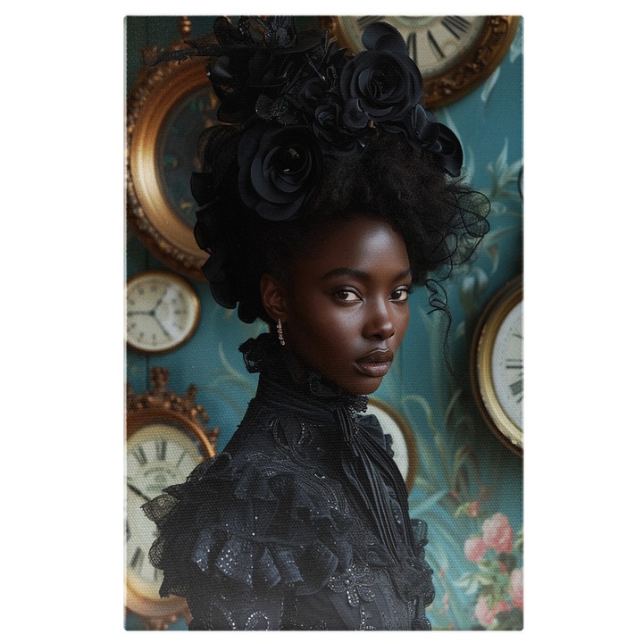 Tablou Canvas Femeie cu Pielea Neagra si Buze Mari cu Trandafiri Negrii in Par intr-o Camera cu Ceasuri, Pictura Digitala 60x40CM