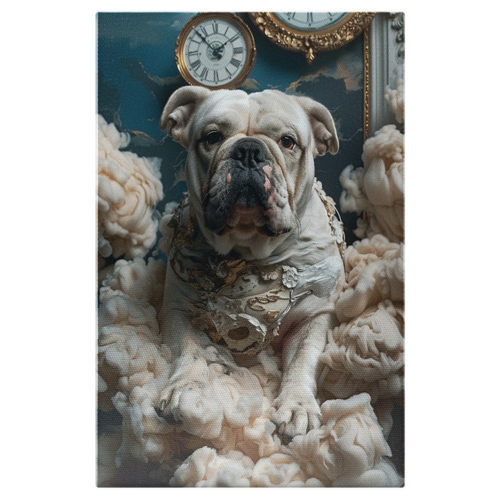 Tablou Canvas Cainele Romanilor cu Accesorii Florare Sta pe Nori Pufosi in Camera Regala, Pictura Digitala 70x50CM