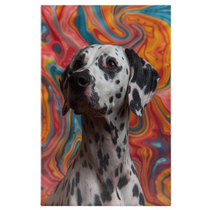 Vászonfestmény Damlatian Impressed White Dog fekete foltokkal és színes falú, digitális festmény 40x25cm