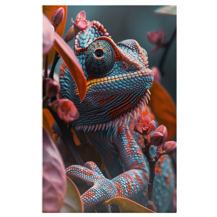 Tablou Canvas Florile Roz si Cameleonul Iubitor al Naturii Reptila Salbatica din Copac, Pictura Digitala 40x25CM