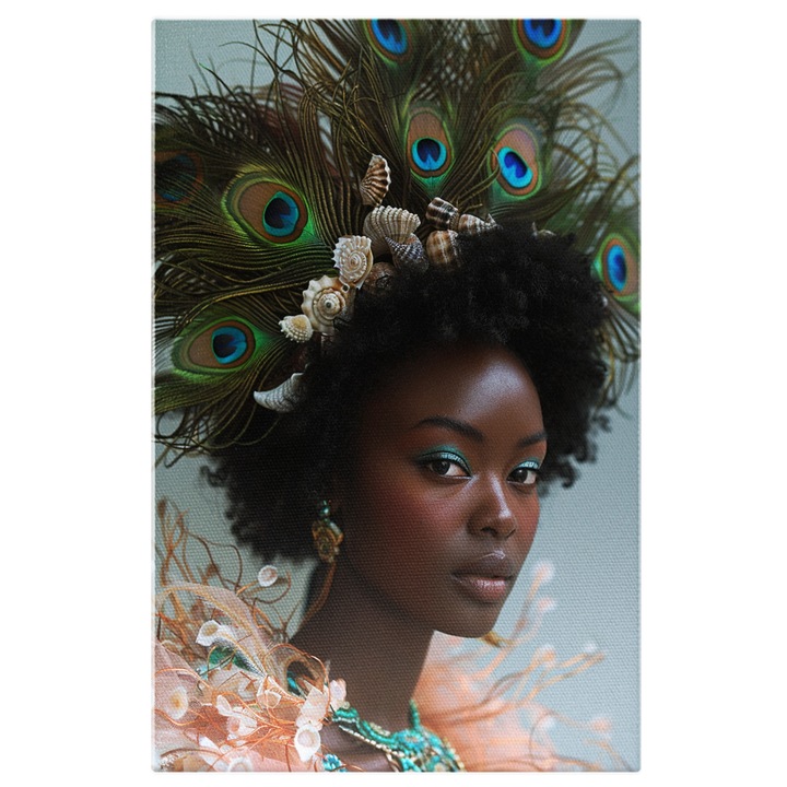 Tablou Canvas Fantezia Marina Doamna Iubitoare de Moda cu Scoici si Pene de Paun, Pictura Digitala 40x25CM