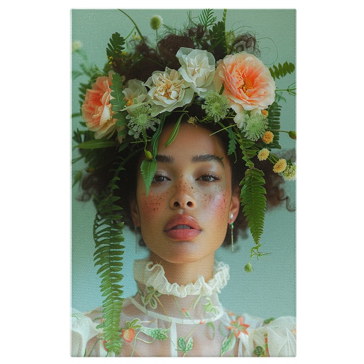 Tablou Canvas Frumusetea Fetei Infloritoare cu Arome de Primavara Flori si Rochie cu Guler, Pictura Digitala 40x25CM