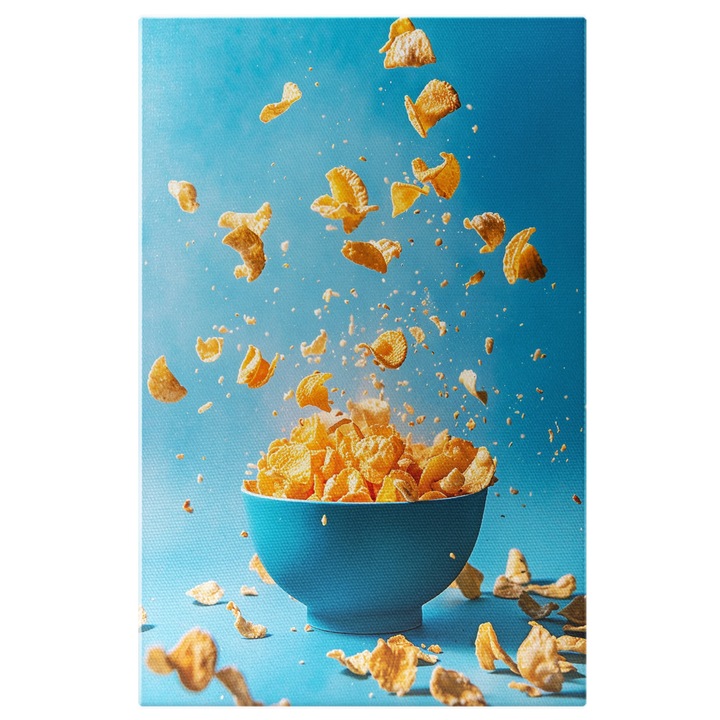 Картина на платно Зърнени храни в синята купа с мляко Хрупкави корнфлейкс Вкусна закуска, Дигитална картина 90x60CM
