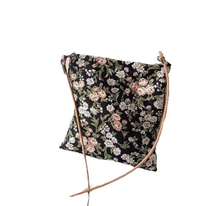 Válltáska, virágos hímzés, vászon, 20x18cm, állítható