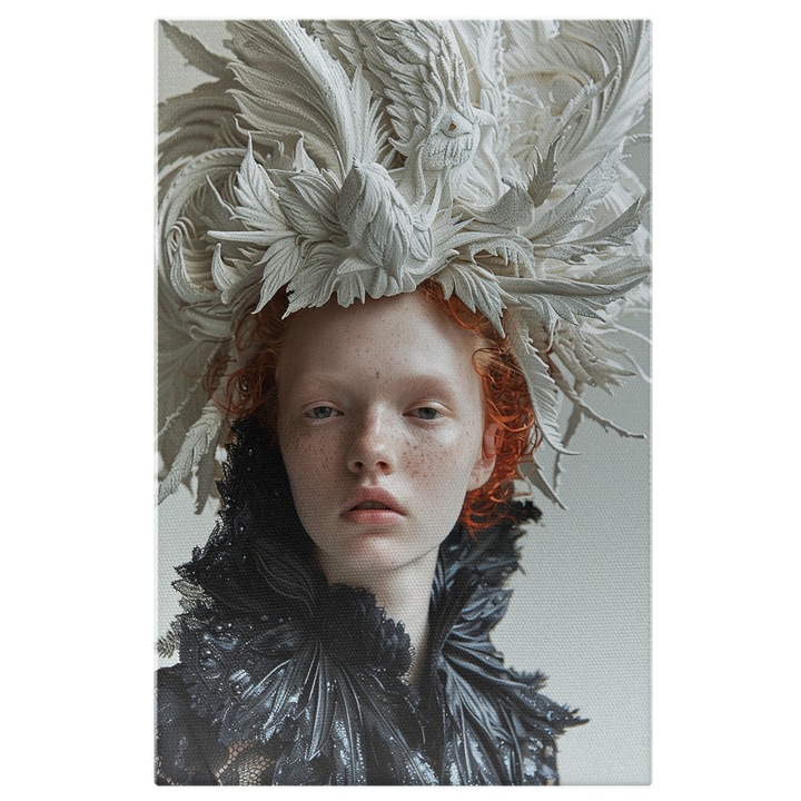 Tablou Canvas Fata Roscata Cu o Cupola Alba Imensa pe Cal Elemente Tip Pene Coloristica in Contrast, Pictura Digitala 90x60CM