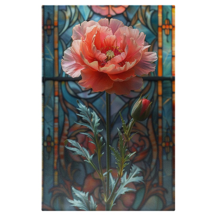 Tablou Canvas Floarea de Vant si Bobocul cu Tulpina Dreapta in Camera cu Vitralii Colorate, Pictura Digitala 40x25CM