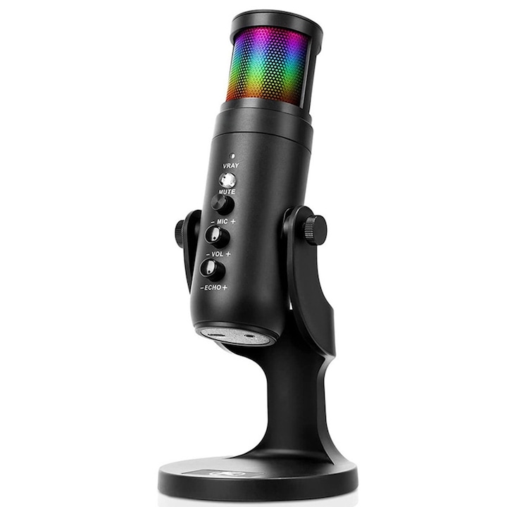 Кондензаторен микрофон, RGB ефект, USB, мащабиране, намаляване на фоновия шум, мониторинг с нулева латентност, plug and play, функция за заглушаване, кардиоид, за игри, записи, стрийминг, стрийминг на живо