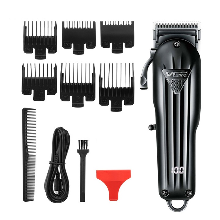 Машинка за подстригване с батерия, LED дисплей, с 6 гребена, 2000mAh, Фина настройка с четири скорости, Безжична, Черна