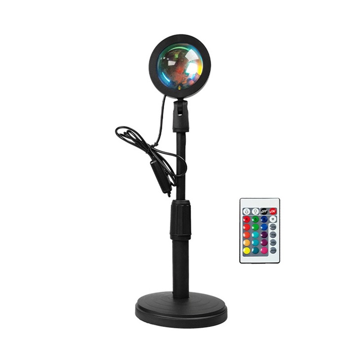 Lampa de veghe cu proiectie Sunset Red, 16 culori, 360° rotativ, USB, reglabila pe inaltime, lumina ambientala pentru atmosfera romantica