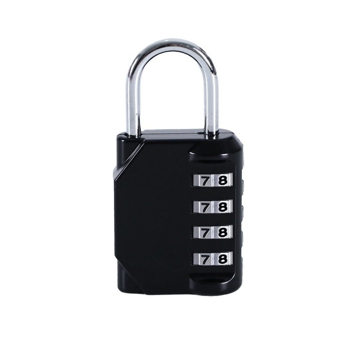 Lacat cu cifru, 4 cifre repozitionabile, Inchidere fara cheie, Rezistent la apa, Otel/Aliaj de zinc, negru