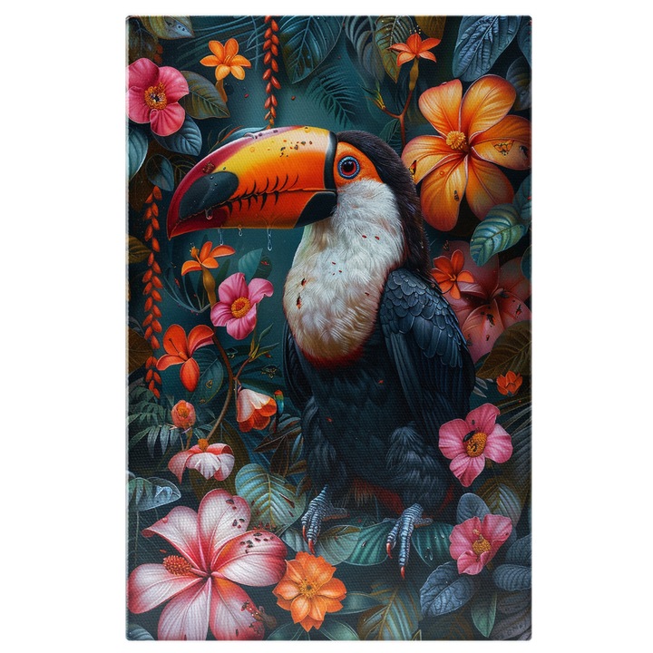 Картина върху платно Екзотични птици в рая Цветният папагал в цъфтящите цветя в джунглата, 60x40CM