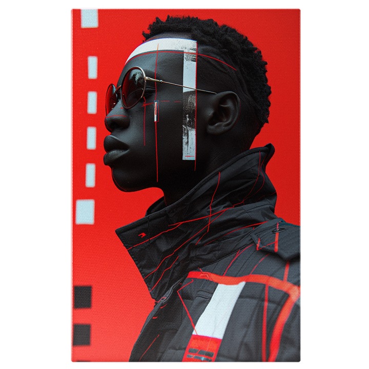 Tablou Canvas Pozitie masculina pe fundal rosu - Moda prin ochelari si tunsoare cool, Pictura Digitala 100x70CM