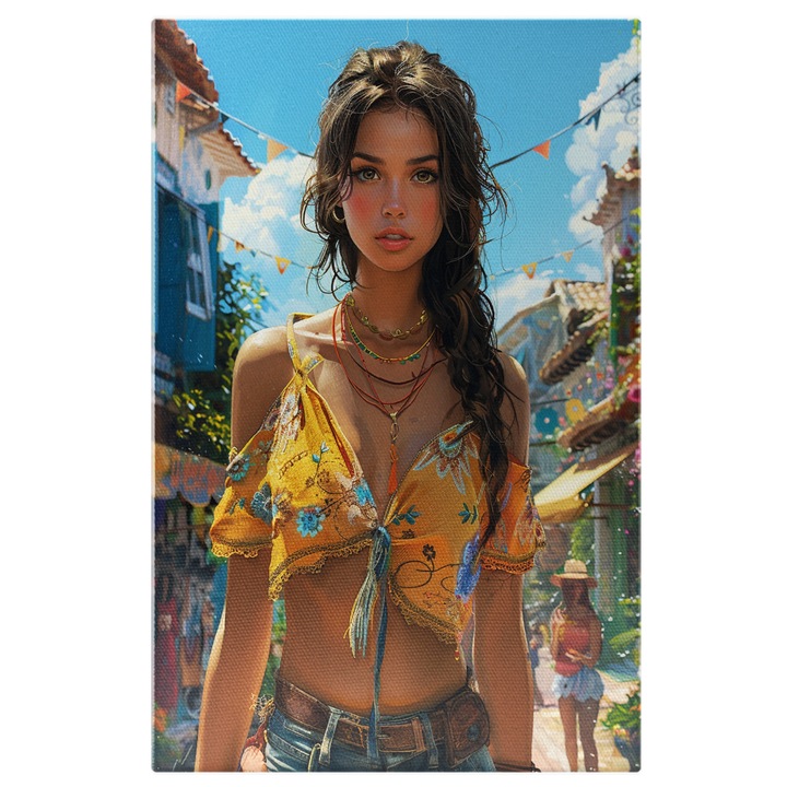 Tablou Canvas Desen stil animat cu o fata intr-un sutien galben- Balcoane tip portugheze, stil stradal, Pictura Digitala 40x25CM