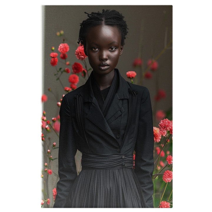 Tablou Canvas Portret feminin, model imracat sumbru, cu rochie neagra- Contrast intre negru si roz, Pictura Digitala 40x25CM