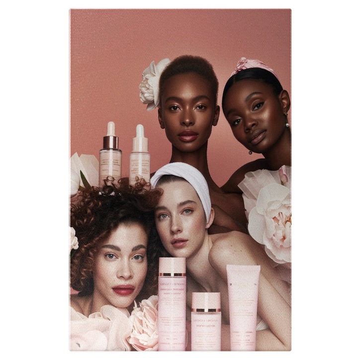 Tablou Canvas Poza tip reclama poduse de ingrijire faciala - Inclusivitate printre femei, Pictura Digitala 40x25CM