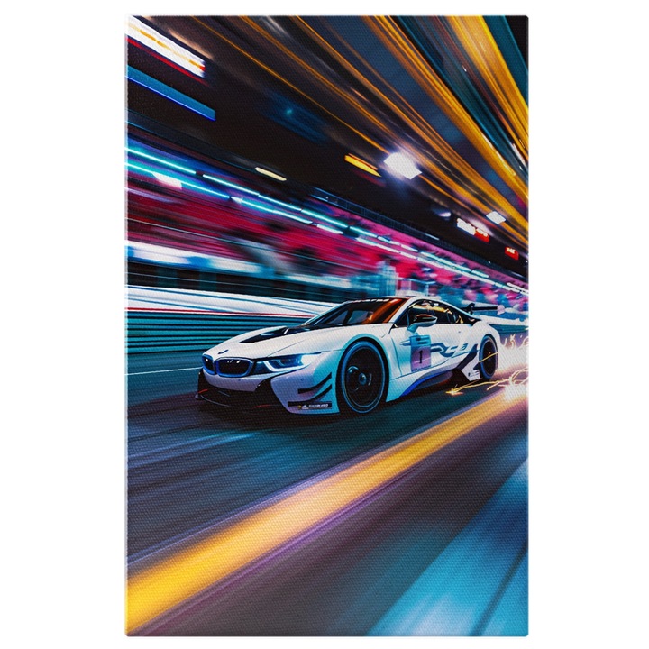 Картина Bmw, която оставя всичко зад гърба си поради скоростта - Искри, излизащи от асфалта, покрит с колела, Дигитална картина 100x70CM