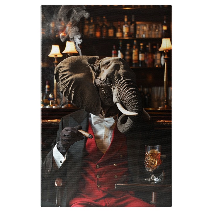 Картина на платно Слон пуши пура и тихо пие коктейл - Бар с бутилки на заден план и цигарен дим, Дигитална картина 60x40CM